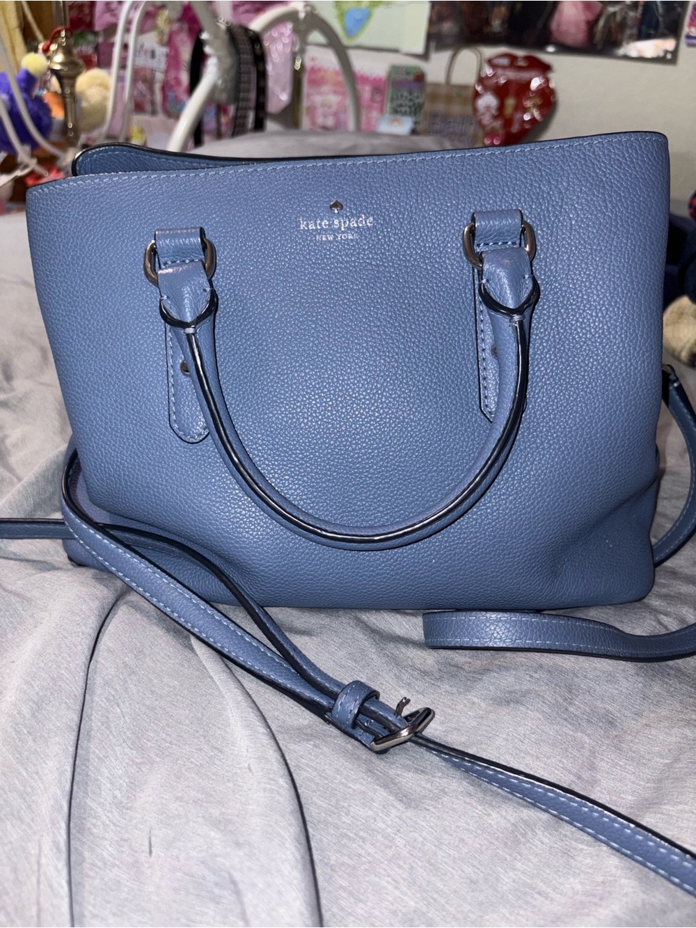 kate spade blue pebbled leather satchel with crossbody strap